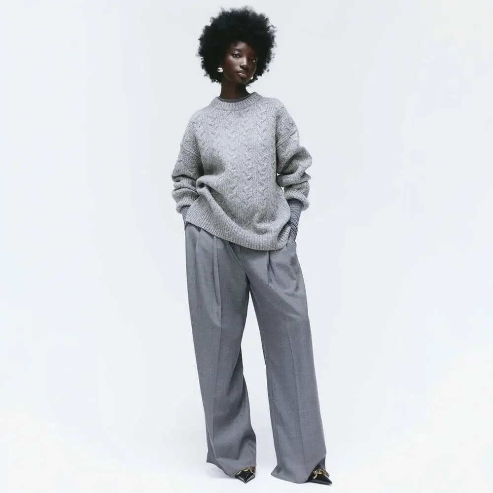 H&M Oversized Cable Knit Boxy Fit Jumper Sweater in Gray Size XL